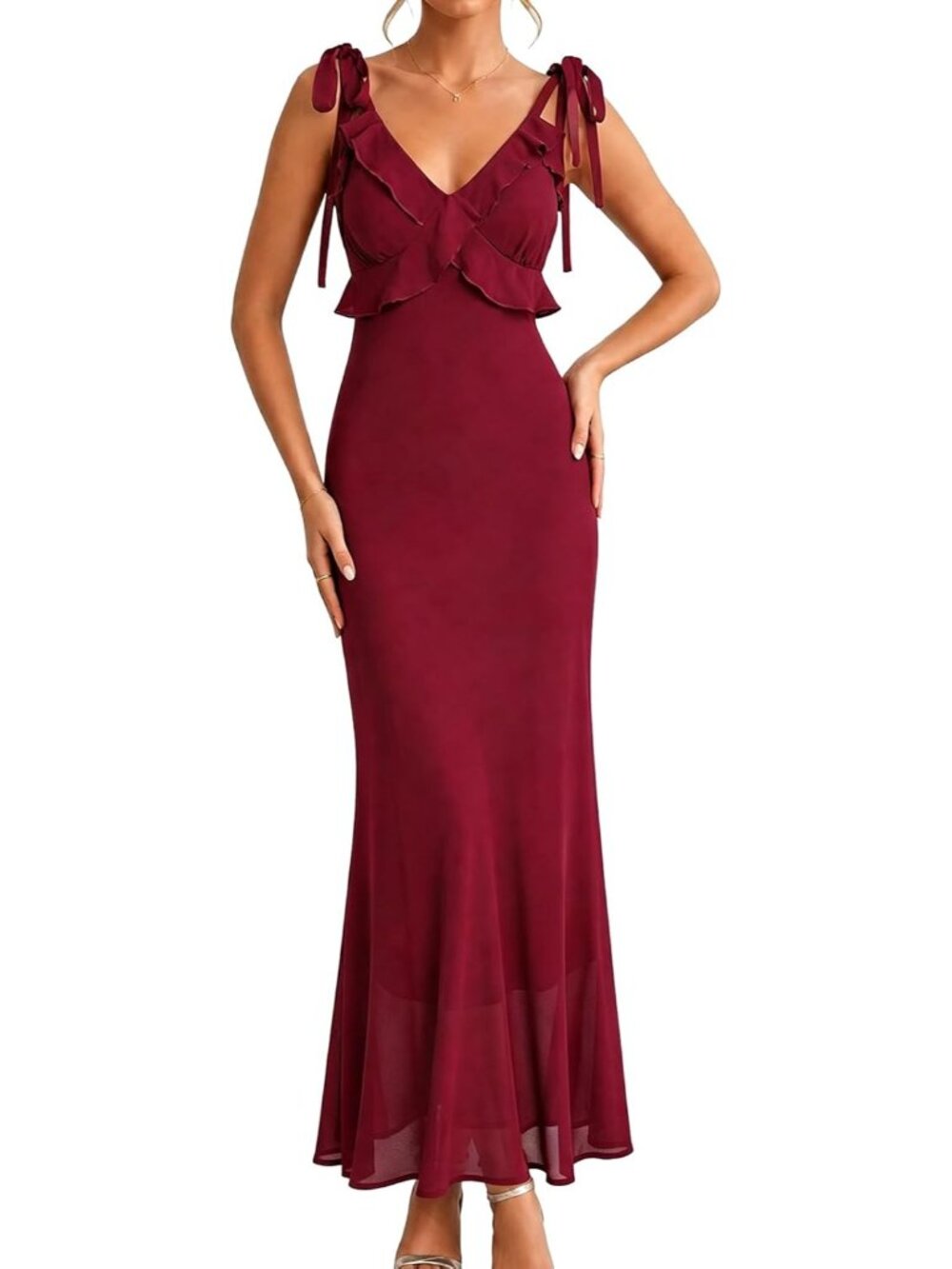 Women's Wine Red Elegant Flowy Boho Floral Formal Wedding Guest Midi Dresses